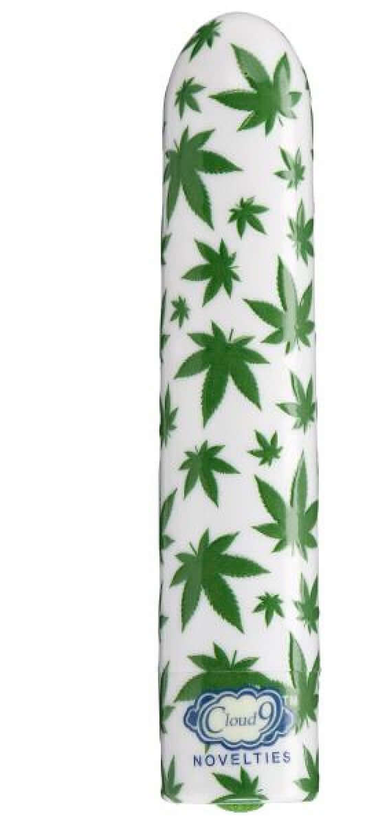 420 Slim Cannabis Leaf Vibe White/Green rechargeable bullet vibrator with cannabis leaf pattern from Cloud 9 Novelties