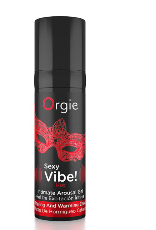 Orgie Sexy Vibe Hot Intimate Arousal Gel 15 ml packaging with red mask design for enhanced intimate sensation.