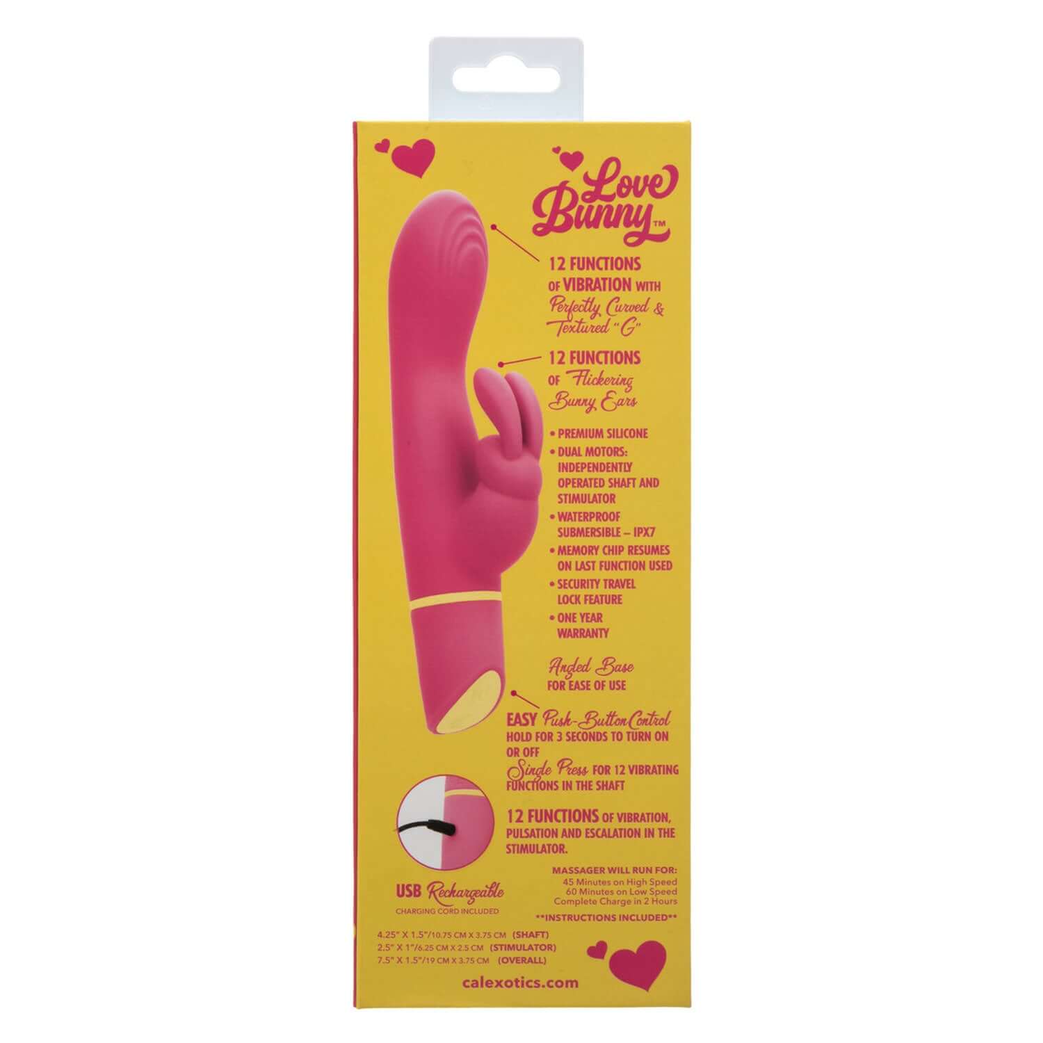 Pink Love Bunny Vibrating G-spot Massager packaging with 12 functions, USB rechargeable design, and textured curves for enhanced pleasure.