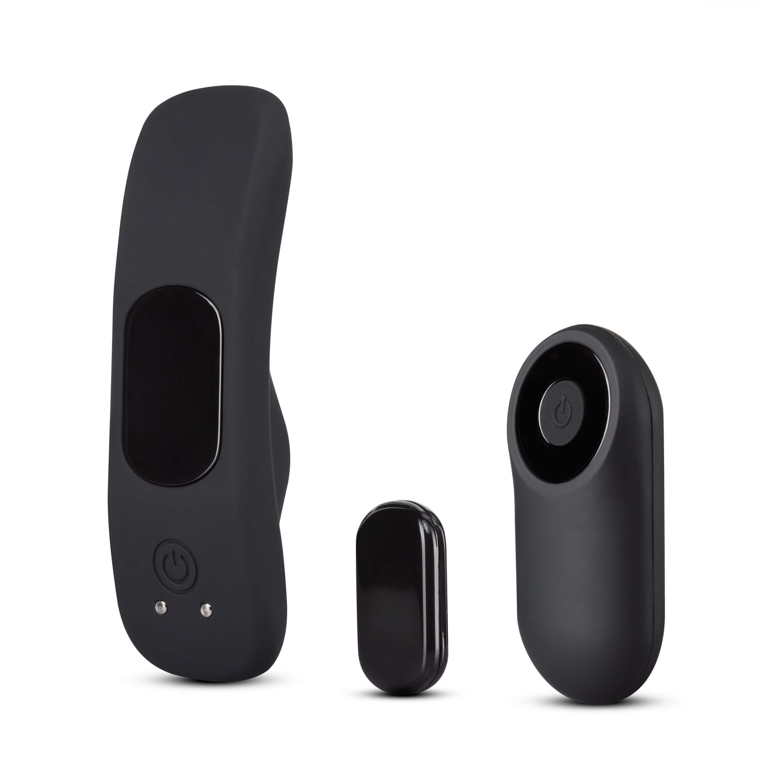 Temptasia black remote control panty vibrator with three sleek silicone components, including wearable panty vibe and remote control.