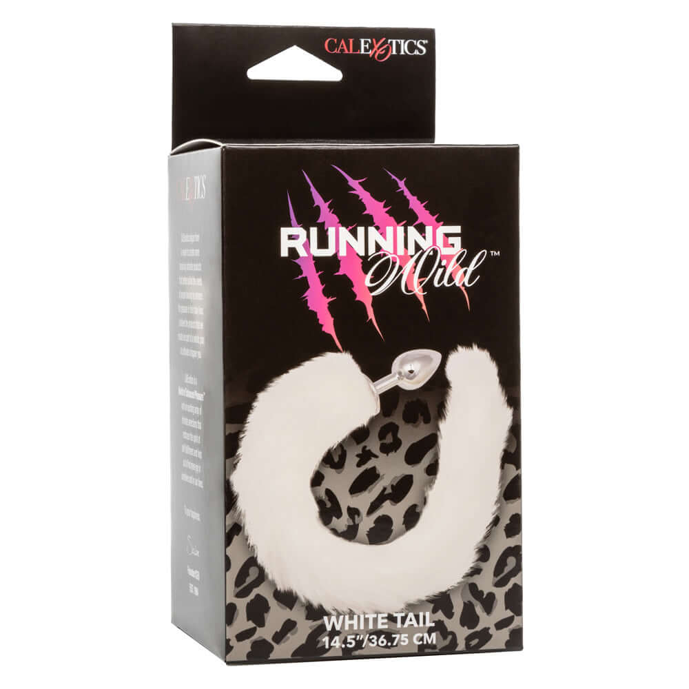 Packaging of Running Wild Tail Anal Plug with white furry tail and smooth metallic probe for adventurous intimate play.