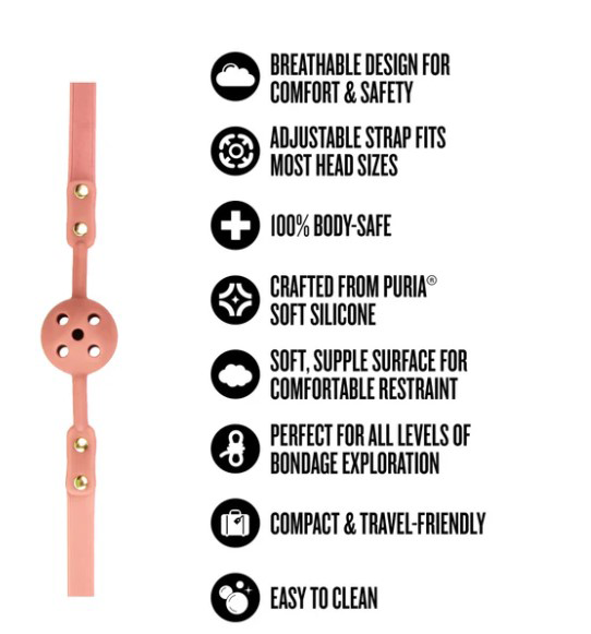 Temptasia Ardor Ball Gag Pink showcasing breathable design, adjustable strap, and body-safe silicone features.