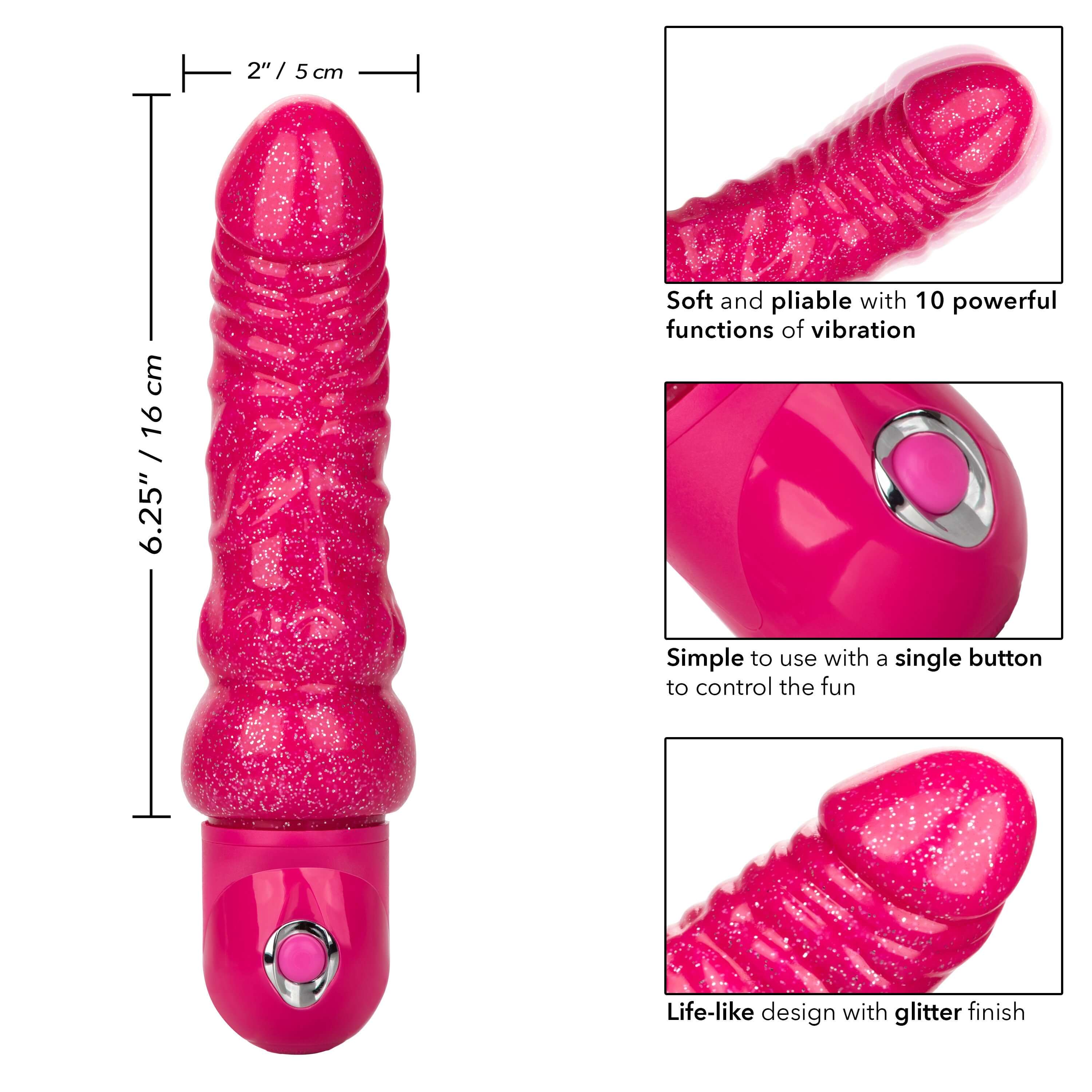Naughty Bits Lady Boner Bendable Personal Vibrator in bright pink with glitter finish and powerful vibration functions.