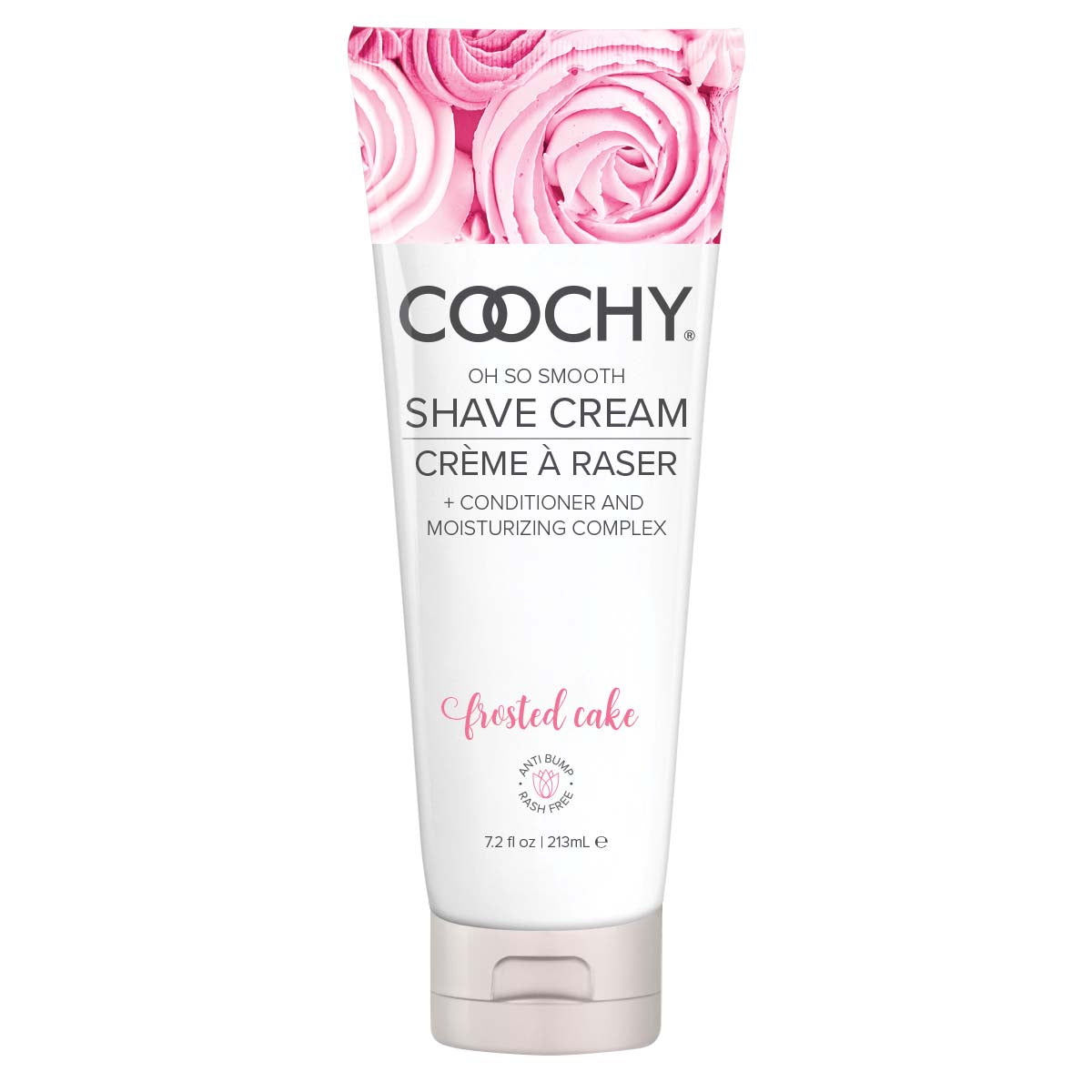 Coochy Shave Cream Frosted Cake 7.2 Oz tube with pink rose design for smooth shaving and skin hydration.