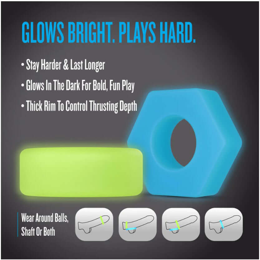 Performance Plus Flash Silicone Glow in the Dark Cock Ring Set with glowing colors and features, designed for enhanced performance.