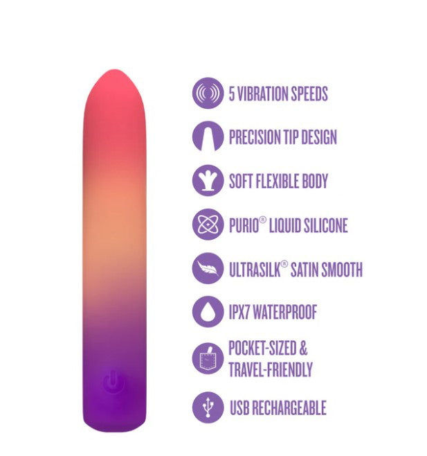 Play With Me Vibrator Sunset Passion features 5 speeds, precision tip design, waterproof body, and is travel-friendly.