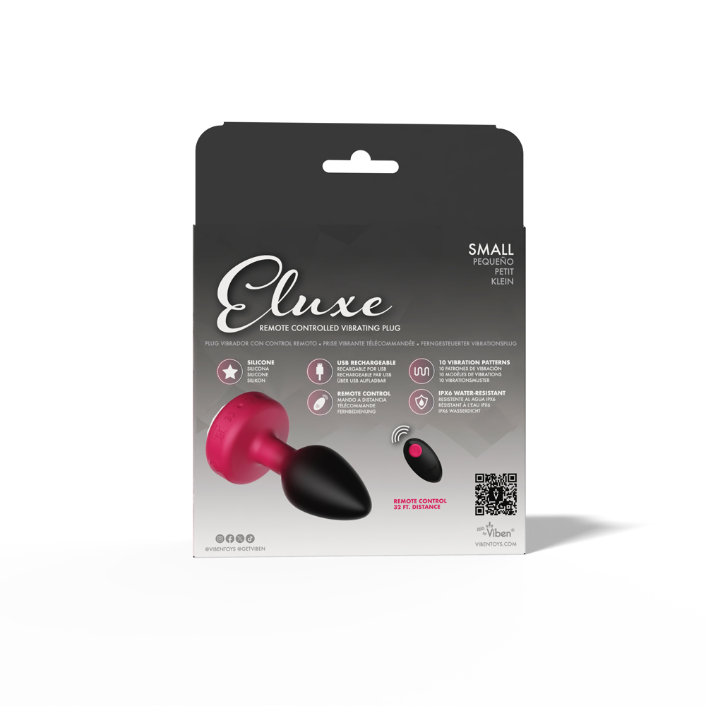 Cheeky Charms Eluxe Vibrating Anal Plug Small Ruby packaging showcasing remote control and vibration features.