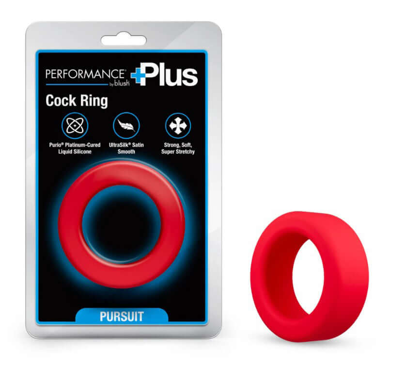 Performance Plus Pursuit Silicone Cock Ring Red in packaging, showcasing strong and flexible silicone design.