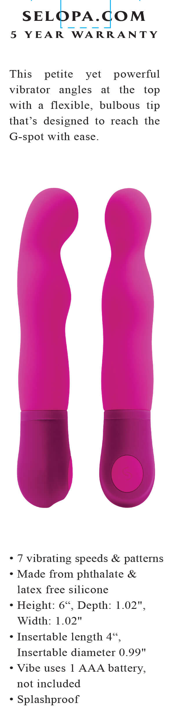 Selopa G Wow Silicone G-Spot Vibrator Pink with bulbous tip for targeted internal stimulation.
