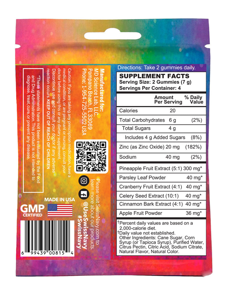 Yummy Cummy Gummy 4 Pc Packet supplement facts including nutrition info and ingredients for fun gummy candy.