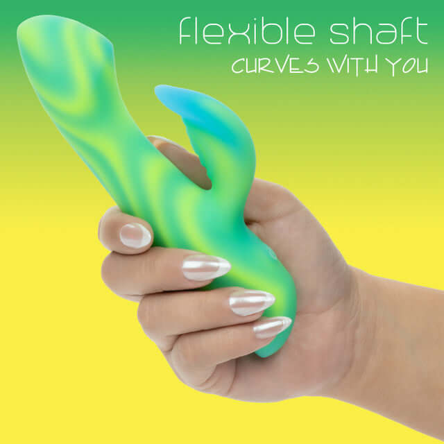 Endless Summer Twilight Tease Vibrator Green in hand, showcasing flexible shaft and ergonomic design.