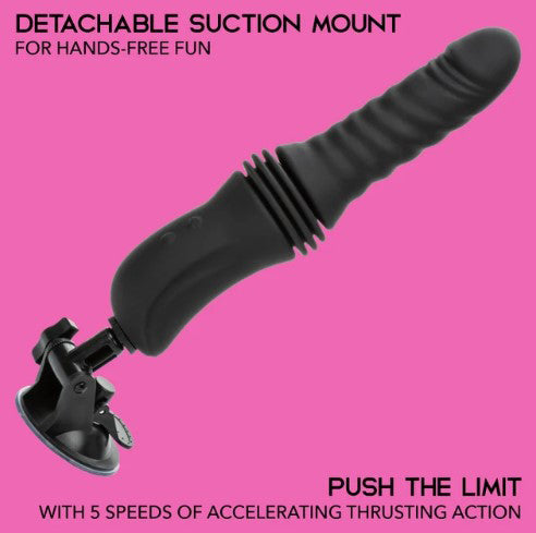 Overdrive Waterproof Thruster Sex Machine Black with detachable suction mount and 5 speeds of thrusting action