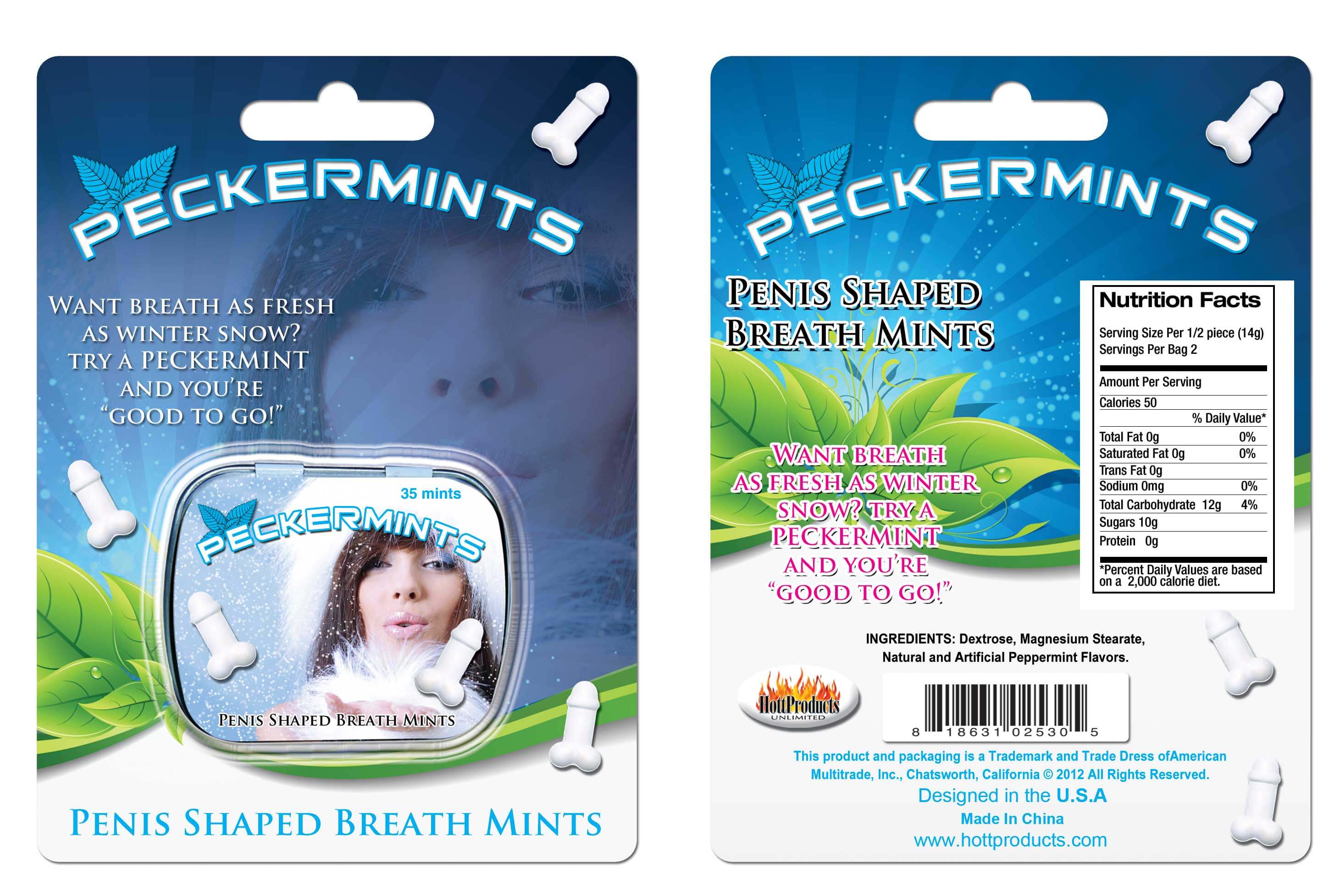 Peckermints Penis Shaped Breath Mints packaging featuring mint-flavored candies for fresh breath.