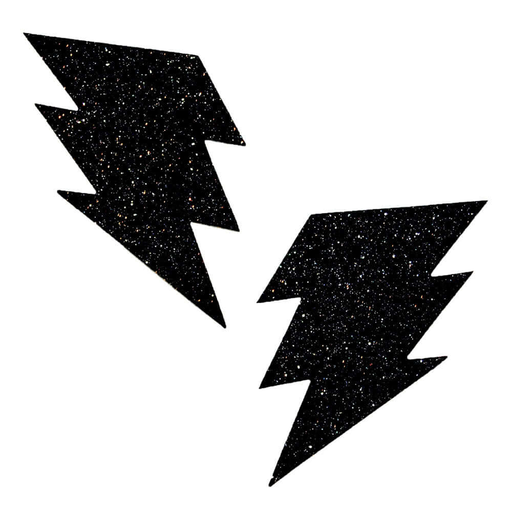Black Malice Glitter Lightning Bolt Nipztix Pasties in glittery black design, perfect for bold outfit statements.