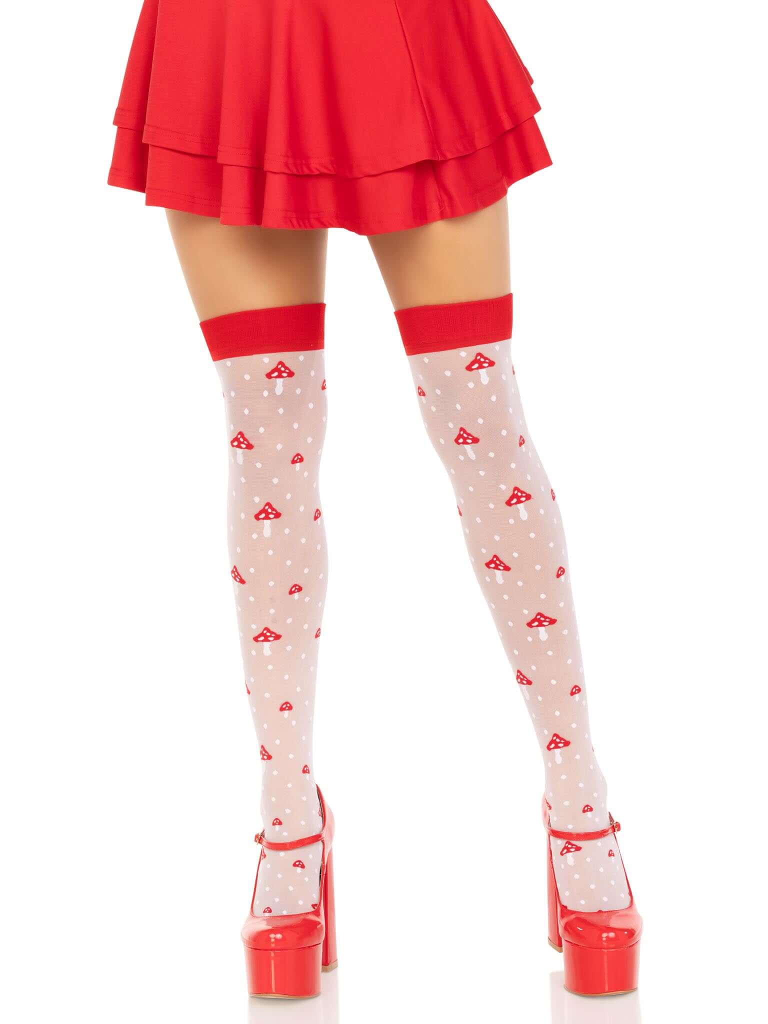 White thigh high stockings with red polka dot mushroom designs modeled with red skirt and high heels.