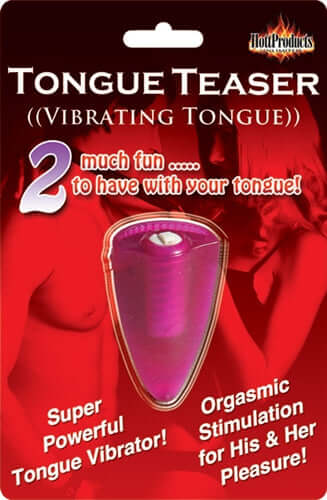 Tongue Teaser Powerful Vibrator Magenta on packaging with text highlighting stimulation features.
