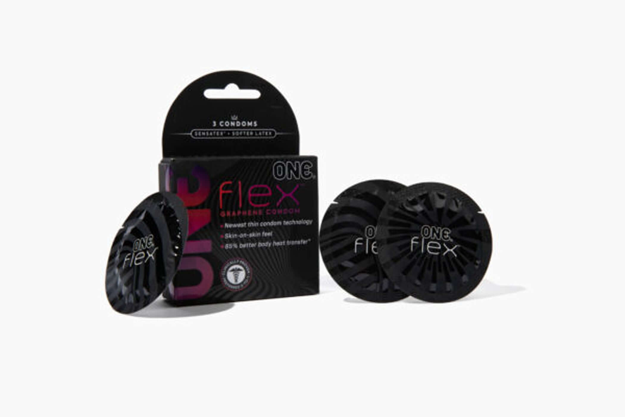 One Flex 3 Ct Condoms packaging and individual wrappers, showcasing ultra-thin, flexible design with premium graphene material.