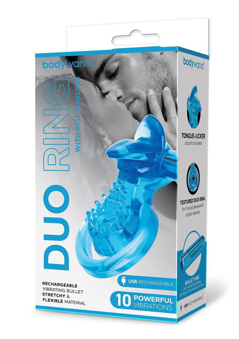 Bodywand Rechargeable Duo Ring With Clit Tickler Blue packaging showcasing product features and couple's pleasure.