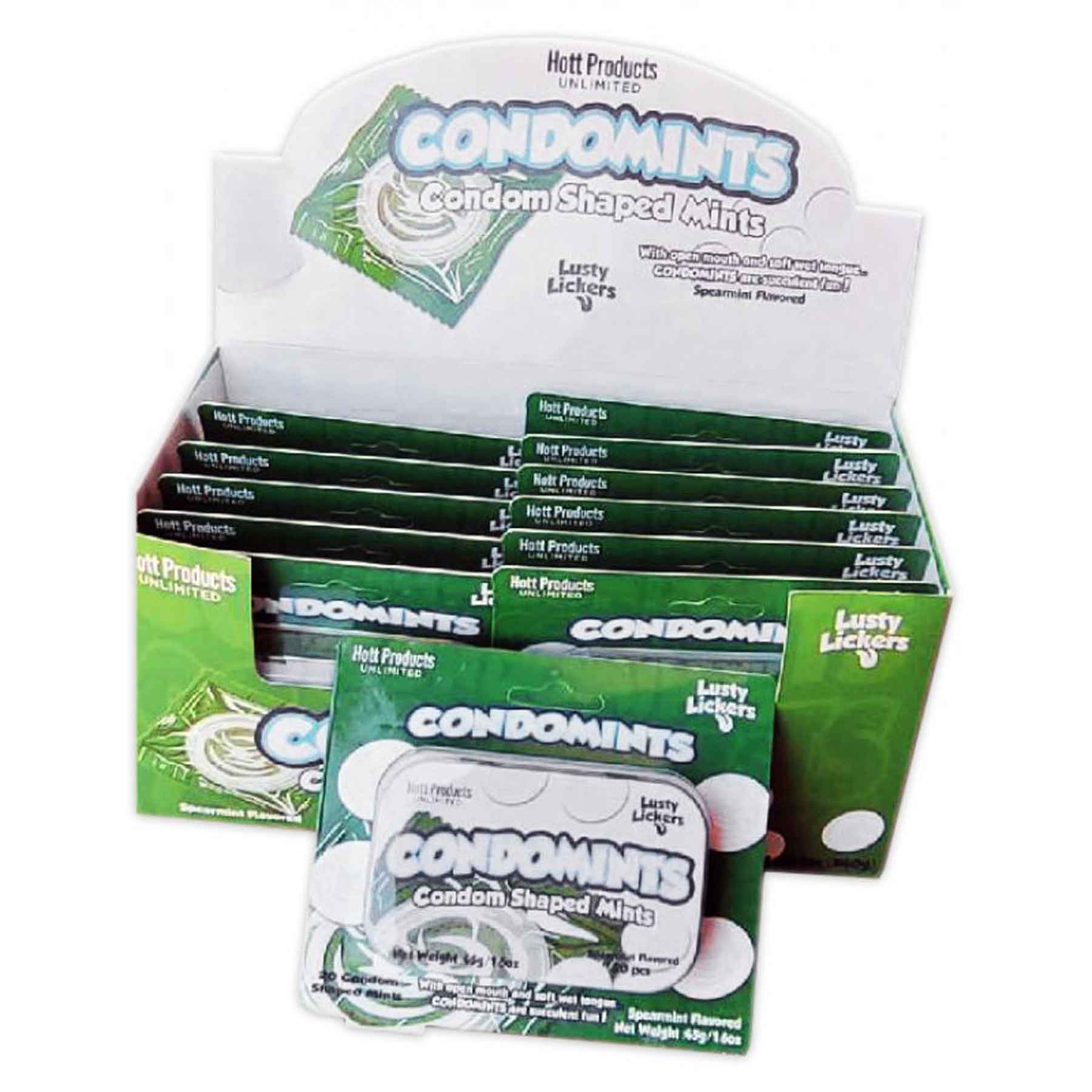 Display of Condomints Spearmints Flavor Condom Shaped Mints with 12 penis shaped mint tins for fresh breath and great taste