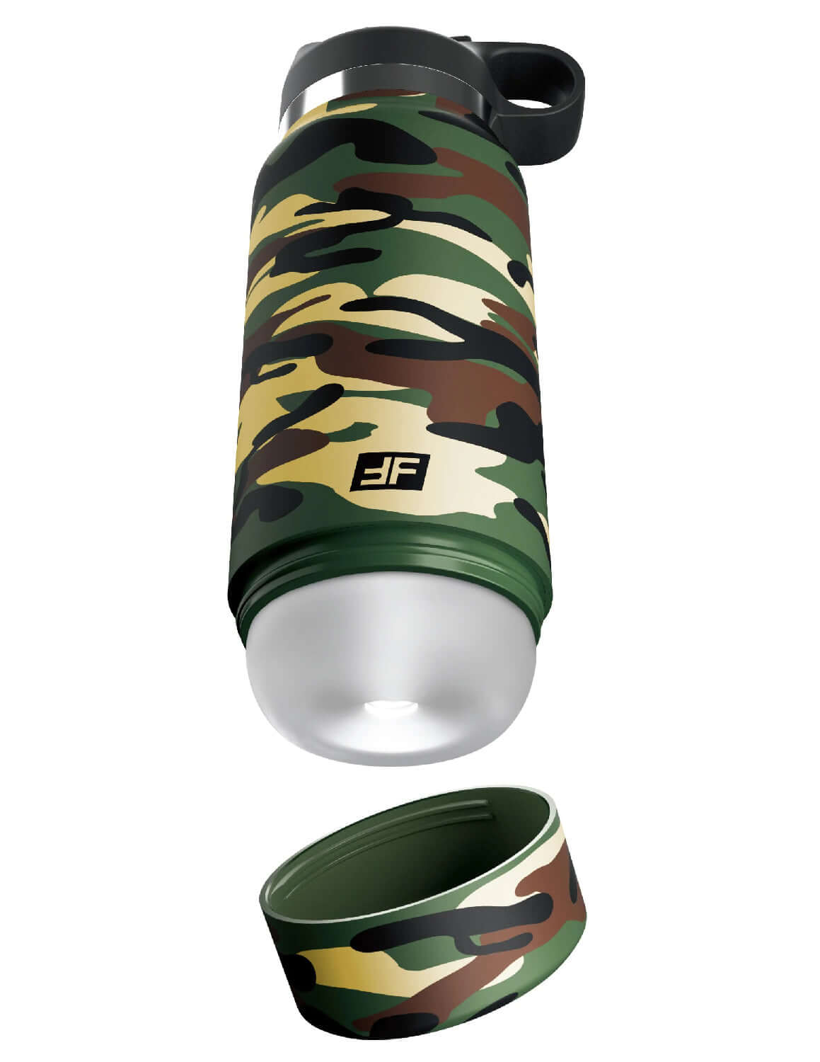 Fap Flask Happy Camper masturbator in camo pattern opened to reveal internal stroker, designed for privacy and outdoor adventure seekers