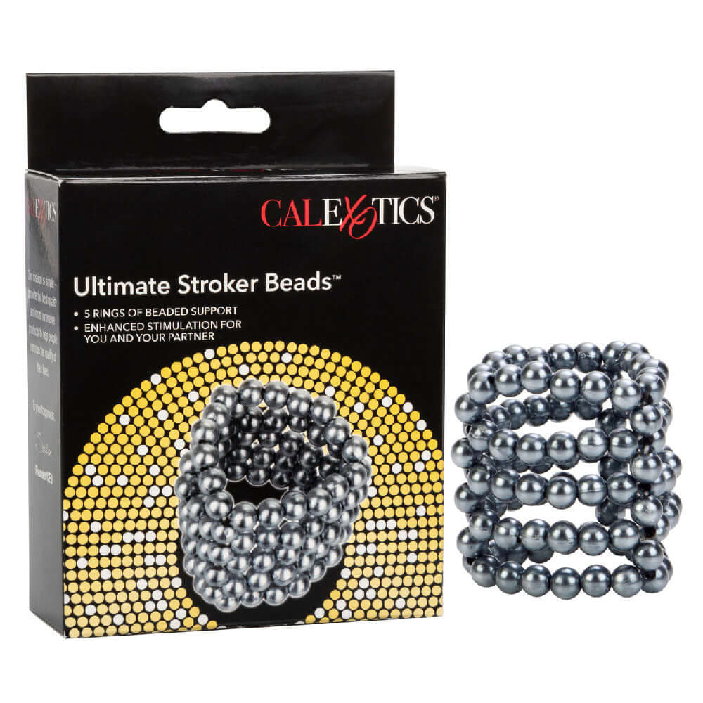 Ultimate Stroker Beads Silver packaging with five rows of smooth silver pearl beads for enhanced stimulation.