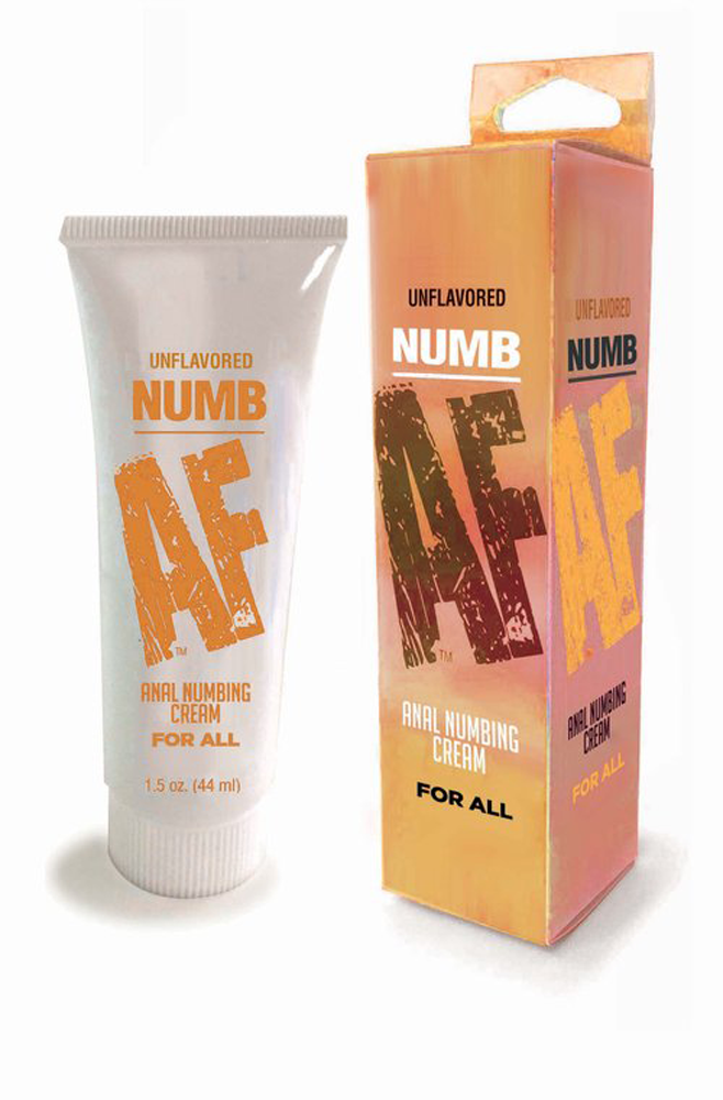 Numb Af Anal Desensitizing Gel Unflavored 1.5 Oz bottle and packaging side view.