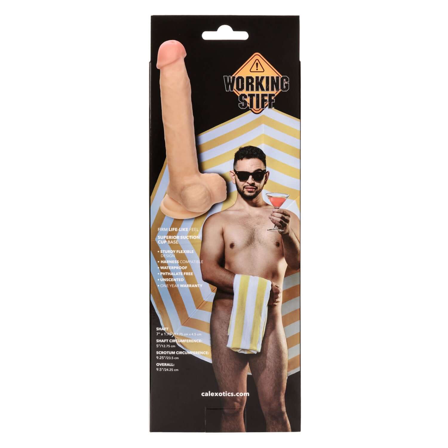 Working Stiff the Cabana Boy 7-inch dildo in packaging with man holding towel and drink, featuring sturdy suction cup base.