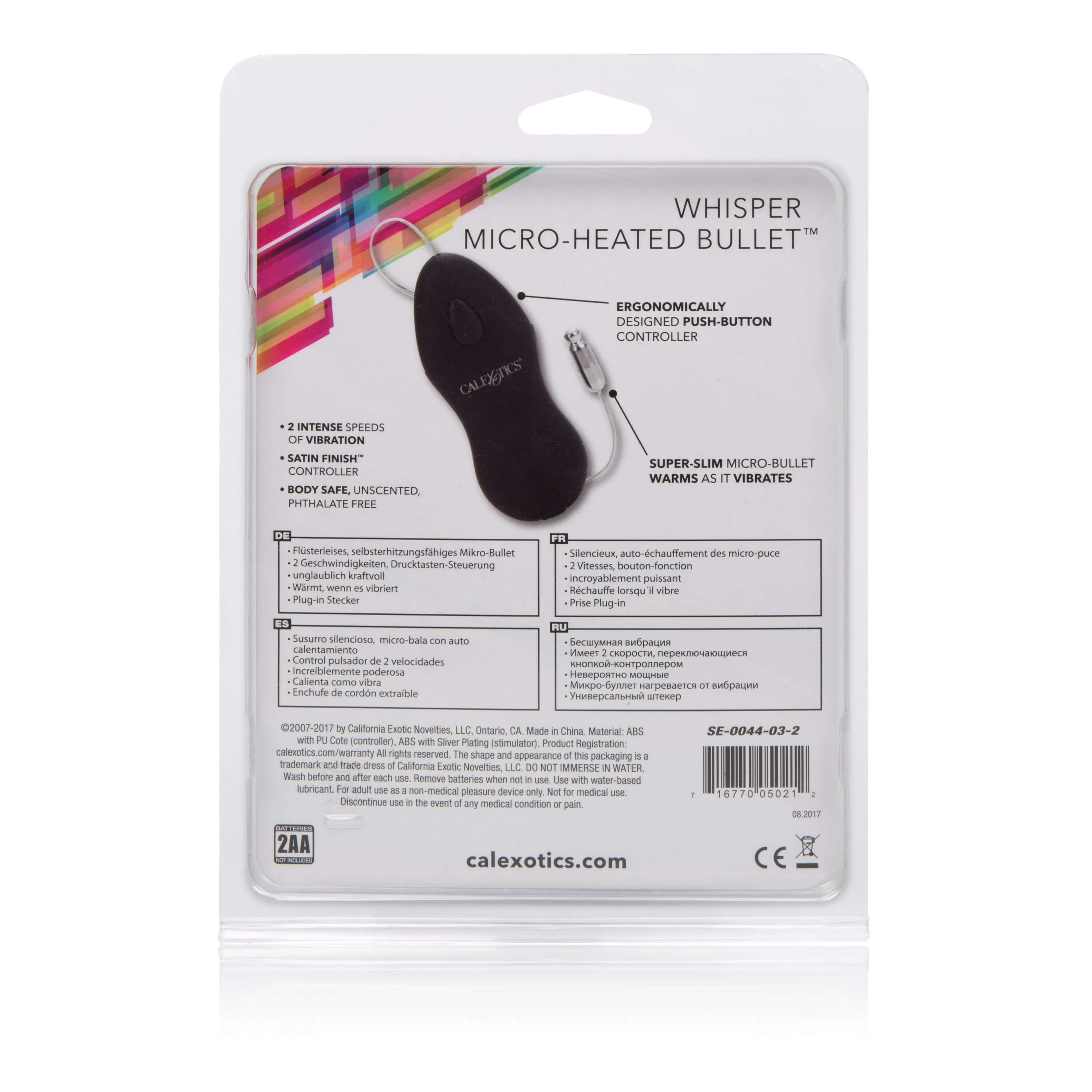 Whisper Micro Heated Bullet Vibrator Black packaging with ergonomic controller and features overview.