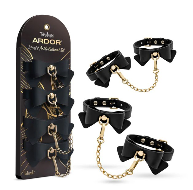 Temptasia Ardor Wrist & Ankle Restraints Black With Bow displayed with bows and chains for elegant restraint.