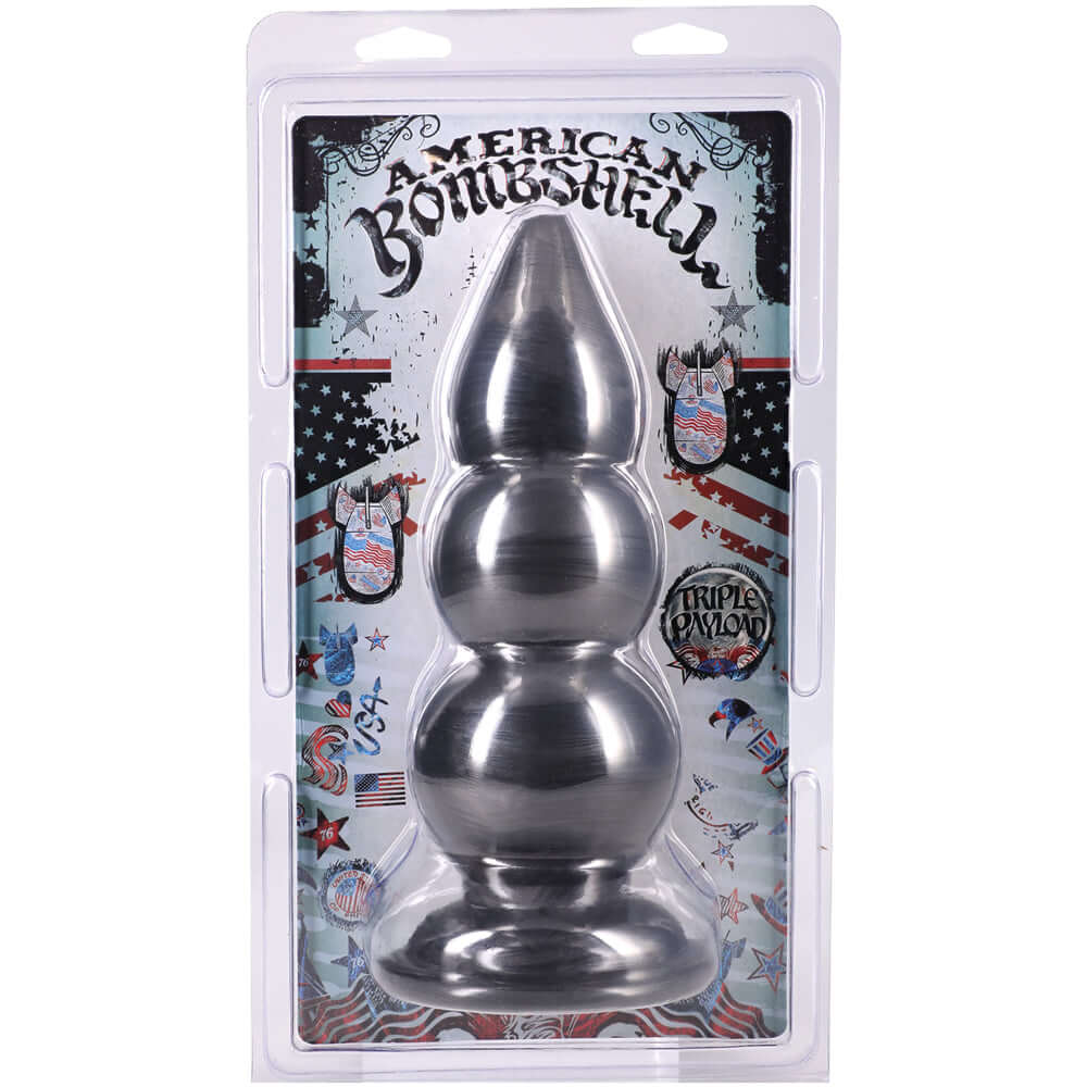 American Bombshell Triple Payload Gun Metal Plug Black in packaging with bold design and textured shape.