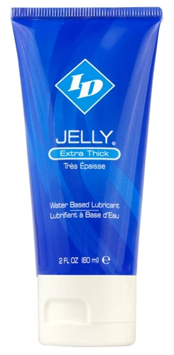 ID Jelly Extra Thick Water Based Lubricant 2 Oz tube, featuring a blue design and label for enhanced glide and comfort.