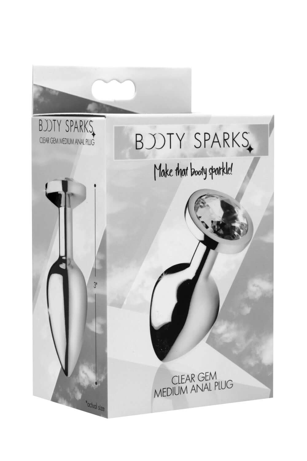 Clear Gem Anal Plug Medium Booty Sparks packaging design featuring a sleek plug with a crystal gem.