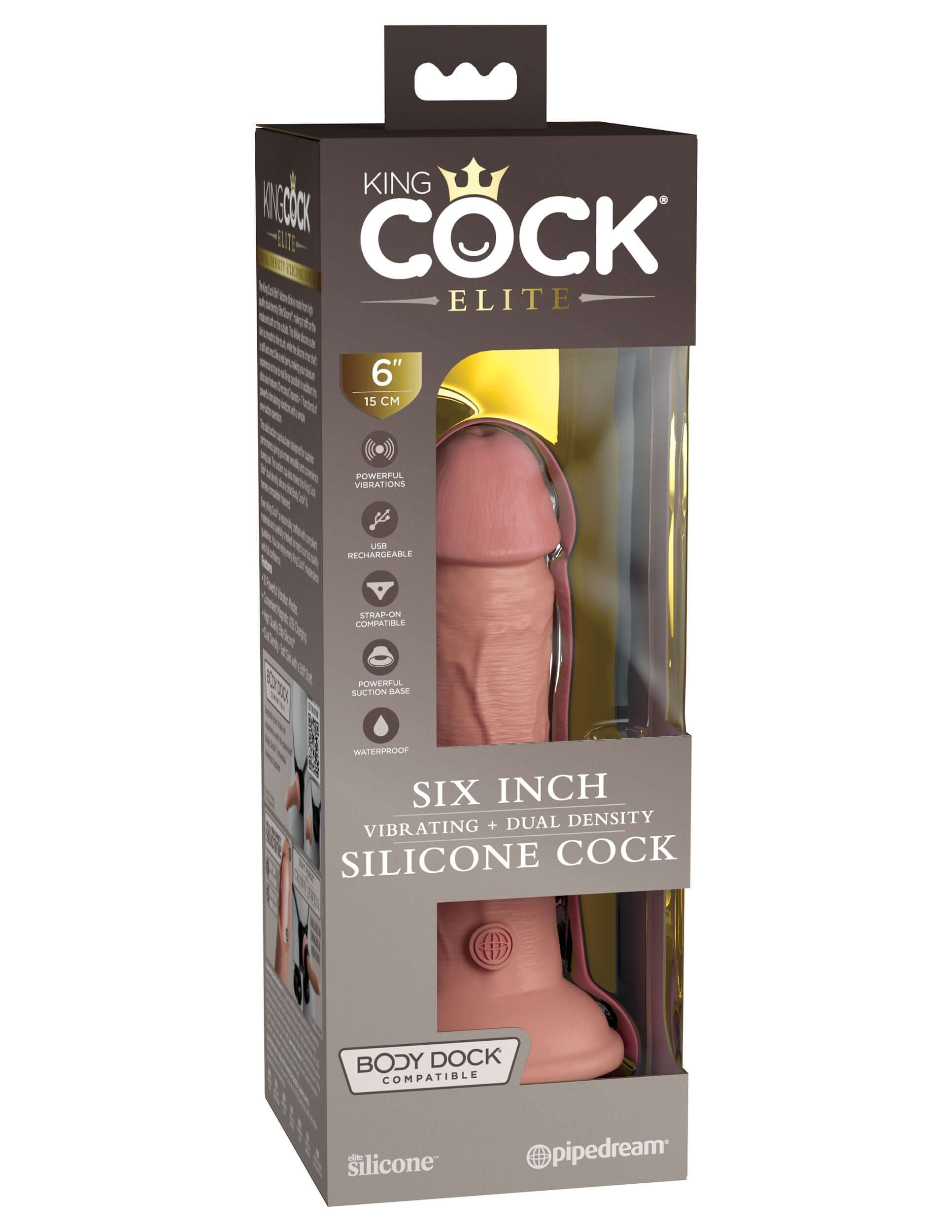 King Cock Elite 6 Inch Vibrating Silicone Dual Density Cock Light in packaging showcasing its features.