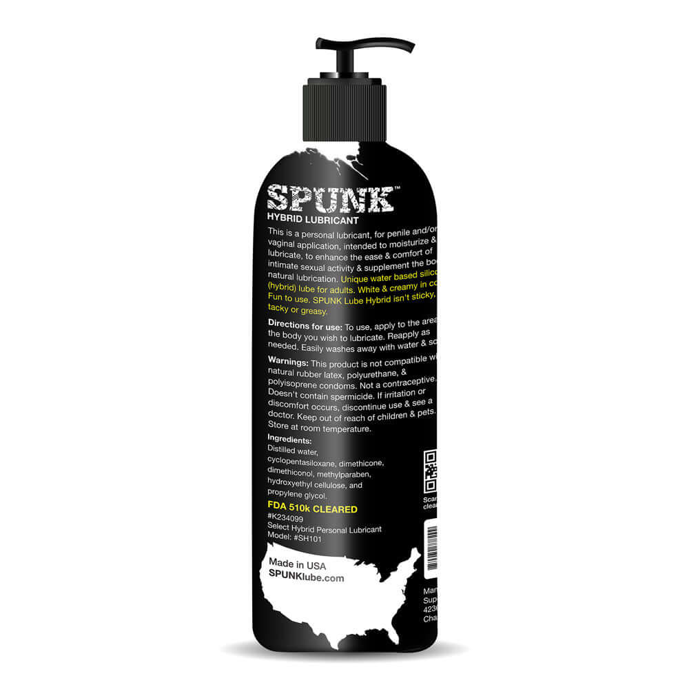 Spunk Hybrid Lubricant Pump 16 Oz bottle showcasing its sleek design and informative label on a black background.