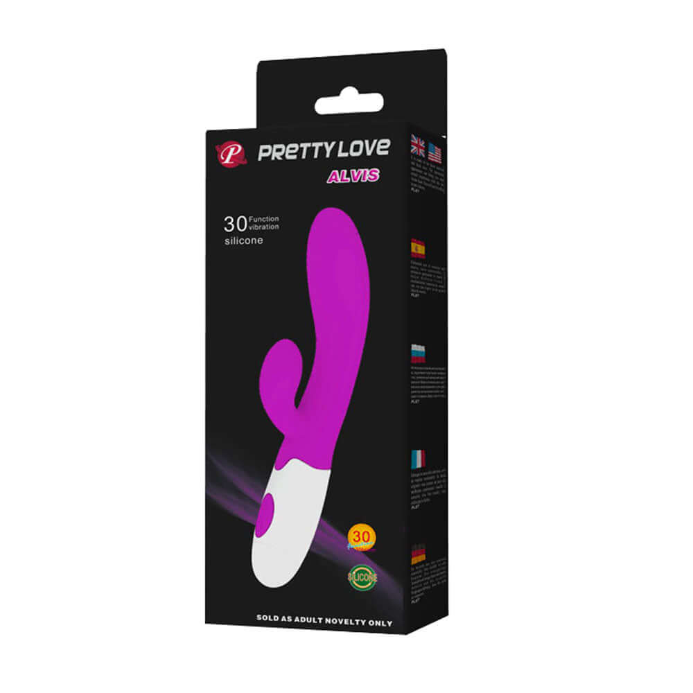 Pretty Love Alvis Vibrator 30 Function Purple packaging showcasing its sleek design and features.