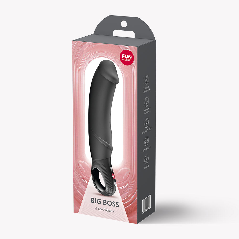 Fun Factory Big Boss G-Spot Vibrator Black packaging featuring a sleek design and clear labeling.