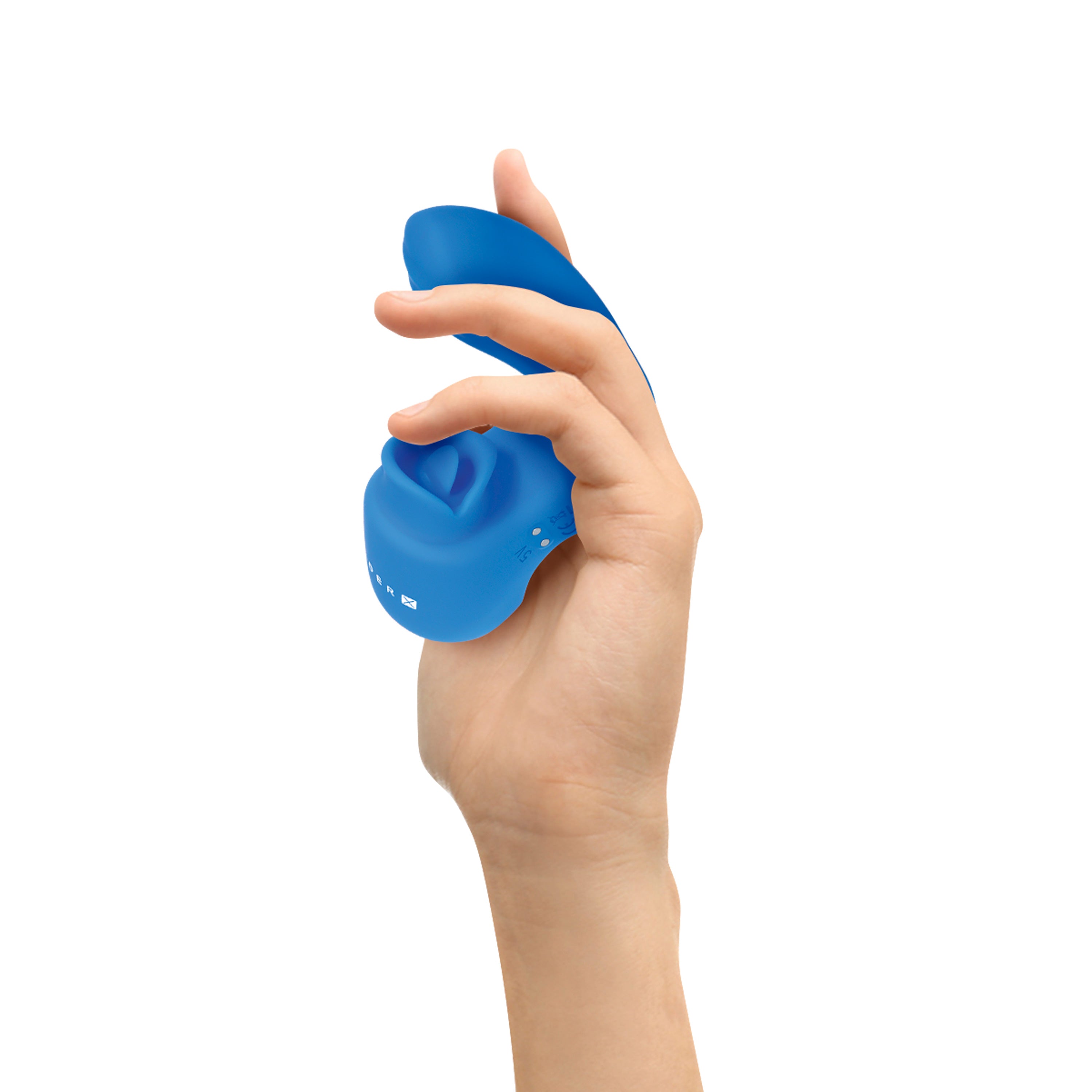 Gender X Flick It Rechargeable Silicone Vibrator Blue held in hand for a demonstration of its ergonomic design.