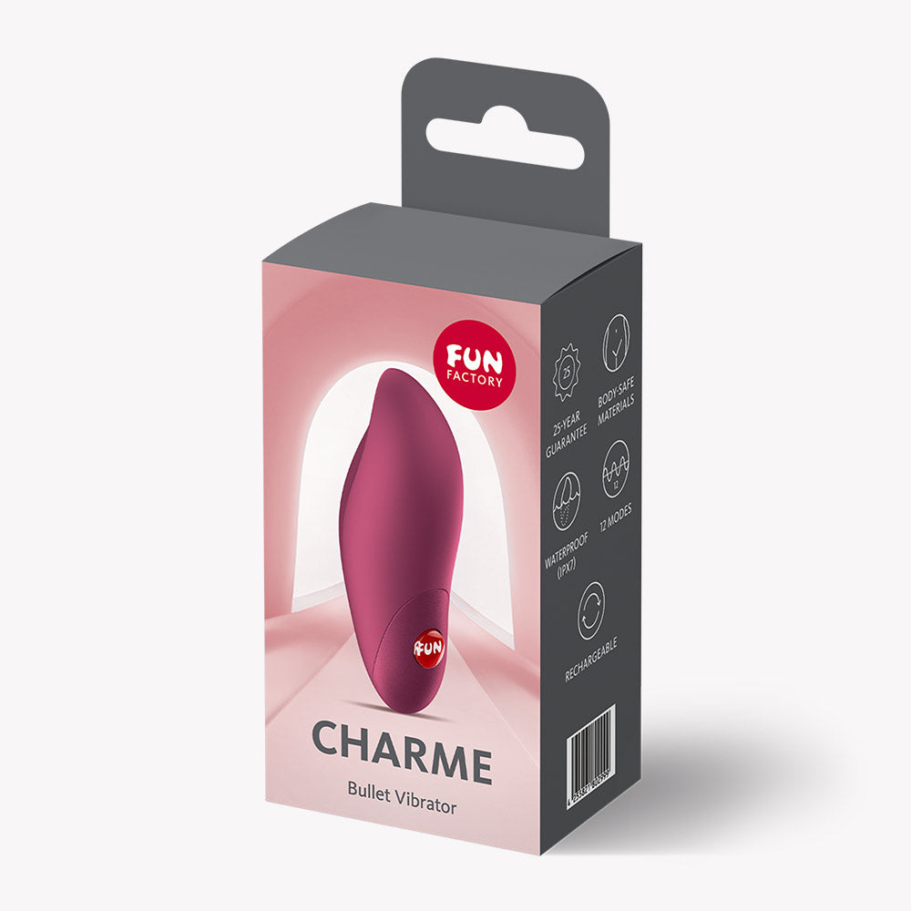 Fun Factory Charme Bullet Vibrator Wine Red packaging with sleek design and features highlighted.
