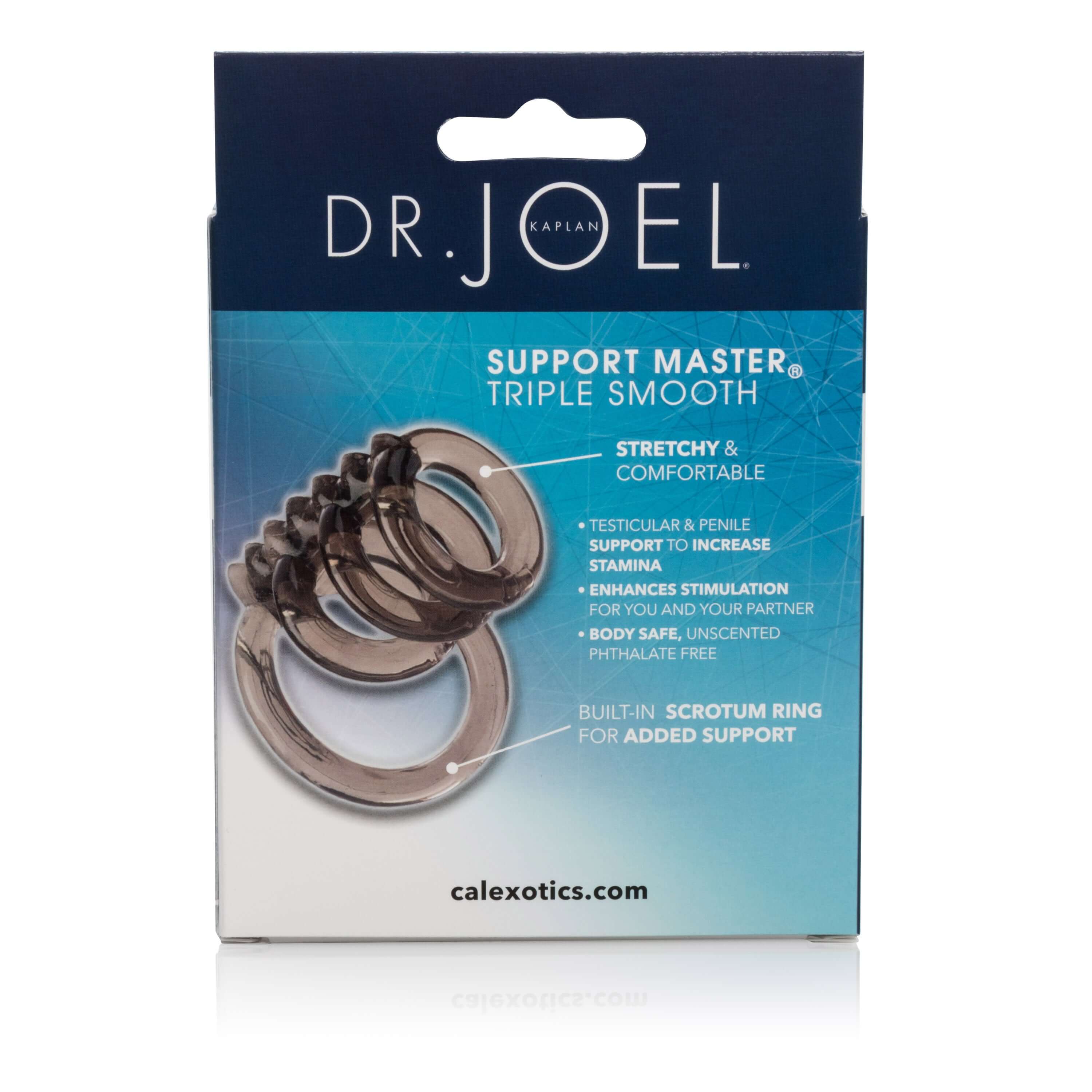 Dr Joel Kaplan Support Master Triple Smooth Smoke packaging featuring stretchy erection enhancement rings.