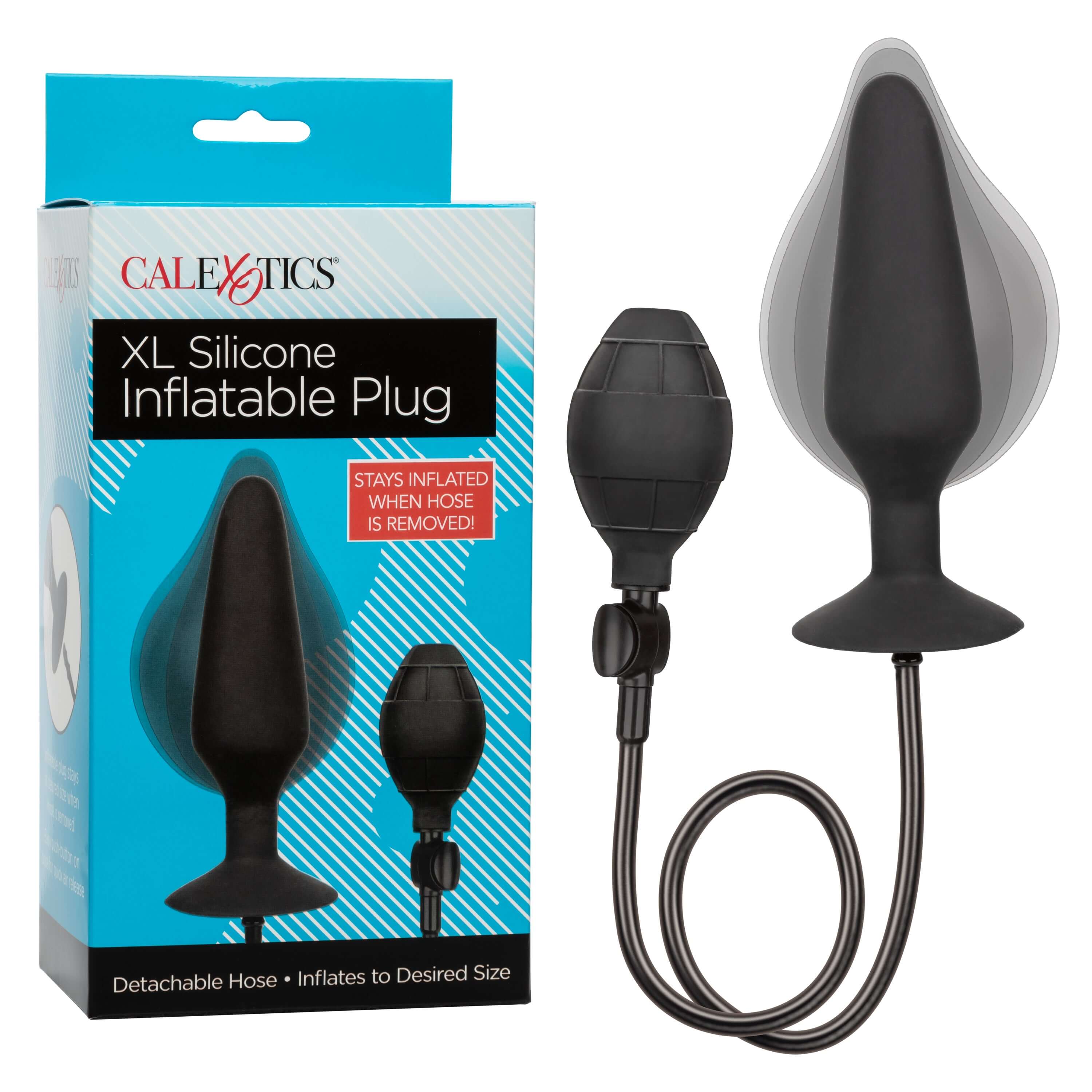 XL Silicone Inflatable Plug Black with packaging and detachable hose for adjustable size.