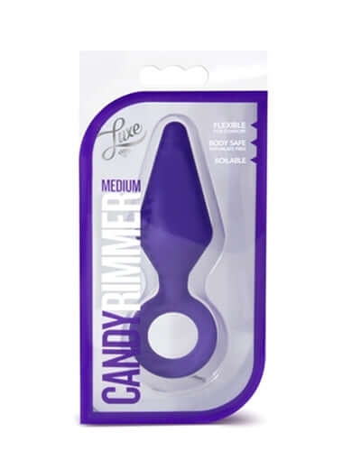 Candy Rimmer Plug Medium Purple packaging showcasing its smooth design and body-safe silicone for beginner-friendly use.