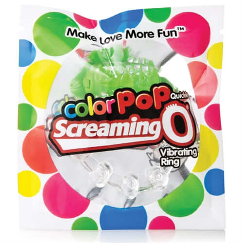 Colorpop Quickie Vibrating Ring Green packaged with colorful polka dots, designed for enhanced intimacy.