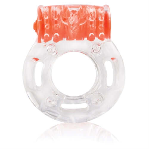 Colorpop Quickie Plus Vibrating Ring Orange, a clear disposable vibrating erection ring with orange accents for enhanced sensation.