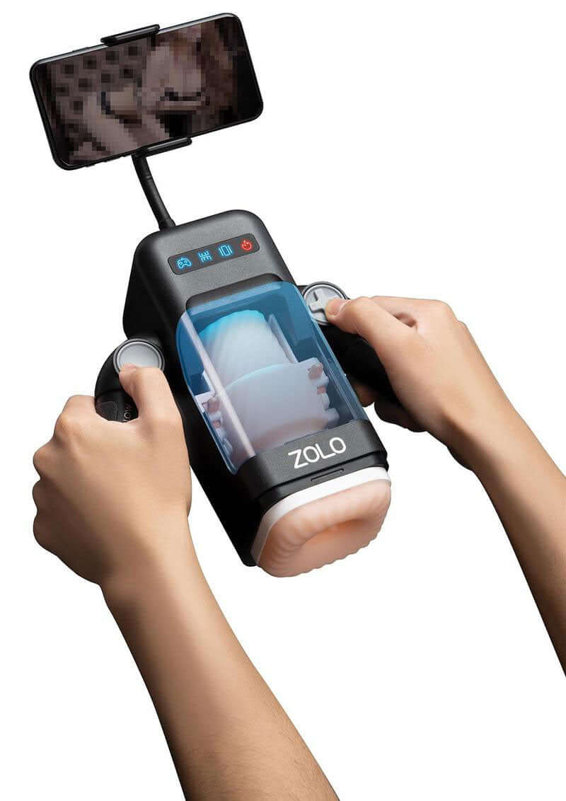 ZOLO Blowstation Masturbator Black in use with smartphone display for a hands-free experience.