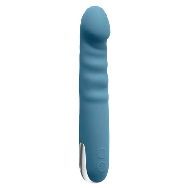Queen of All Trades rechargeable blue silicone dual vibrator with textured shaft and control buttons.