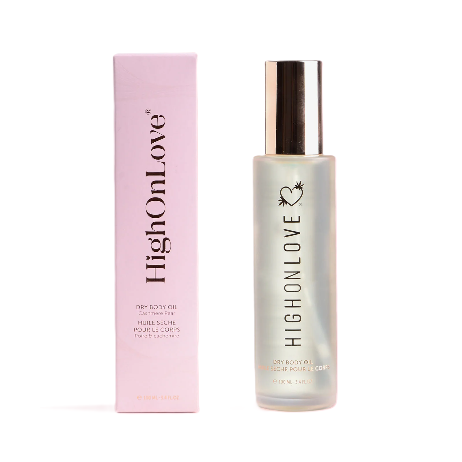 Highonlove Cashmere Pear Dry Body Oil 3.4 Oz in elegant packaging, designed for smooth and hydrated skin.