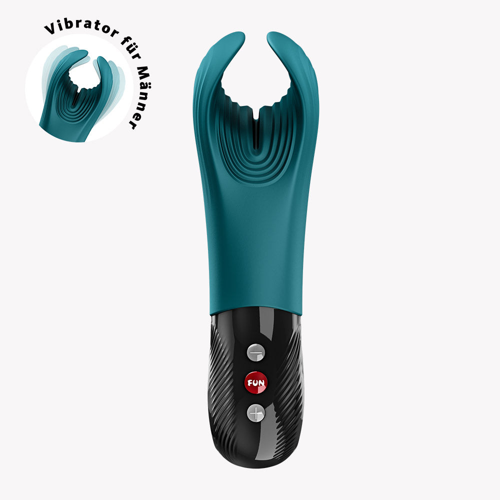 Fun Factory Manta Vibrating Masturbator Green, premium male pleasure device with innovative design.