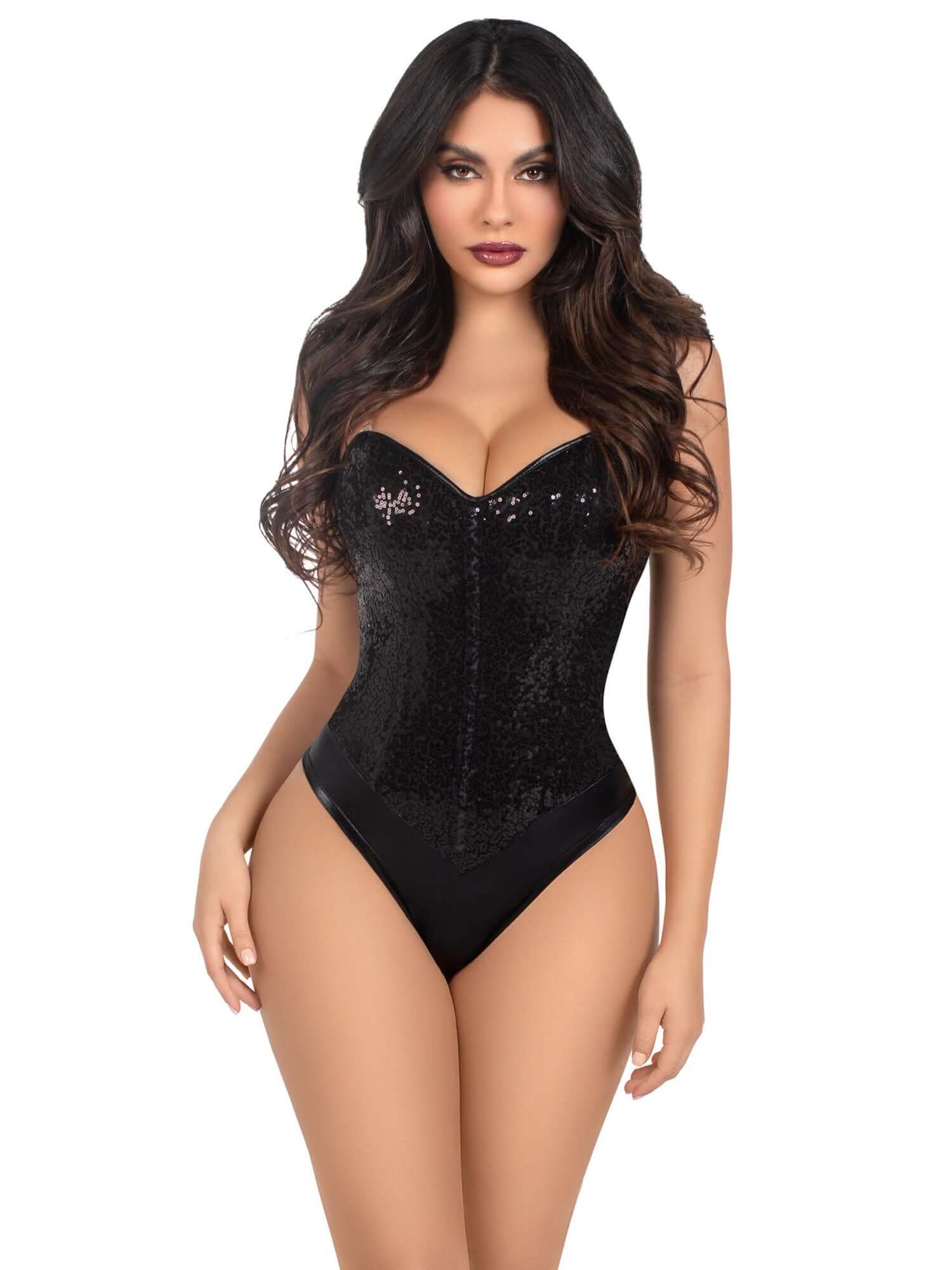 Woman wearing a black sequin bodysuit with clear detachable straps and boned snap crotch, made of polyester and spandex.