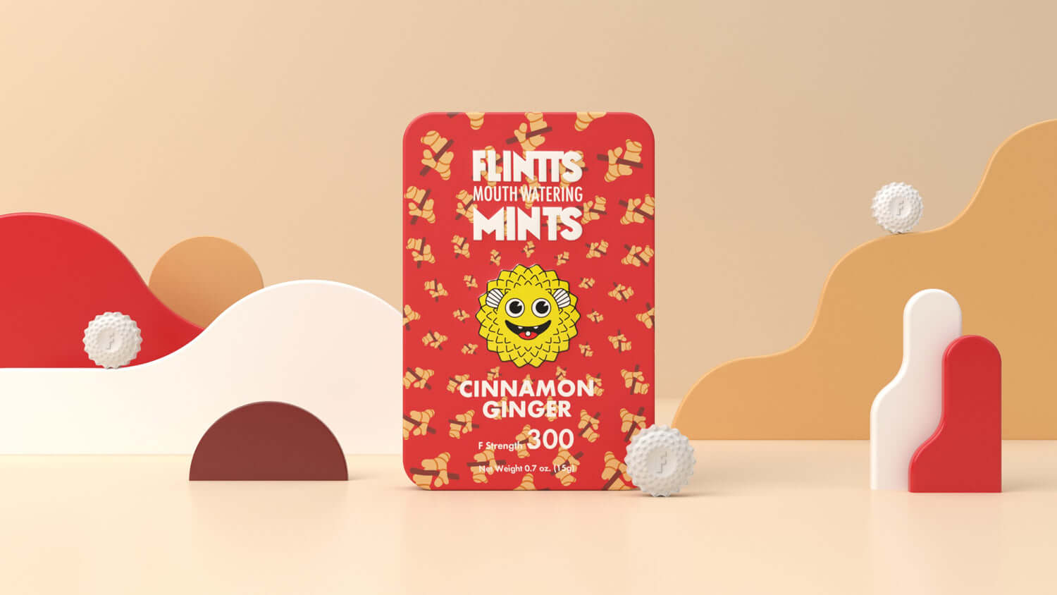 Flintts Mouth Watering Mints Cinnamon Ginger F-Strength 300 packaging with bold colors and playful design.