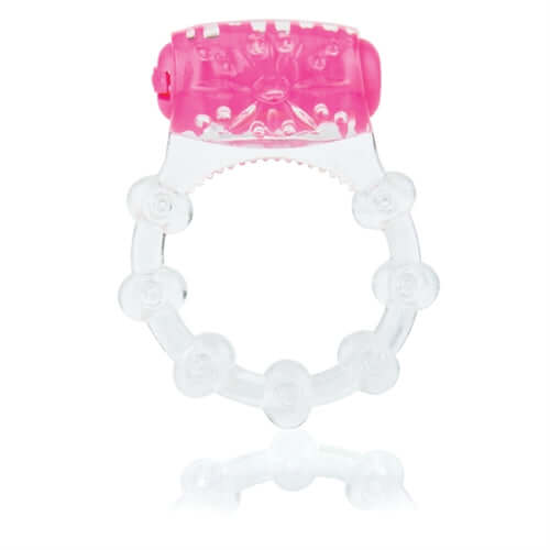 Colorpop Quickie Vibrating Ring Pink featuring a clear design with a vibrating pink top for enhanced pleasure.